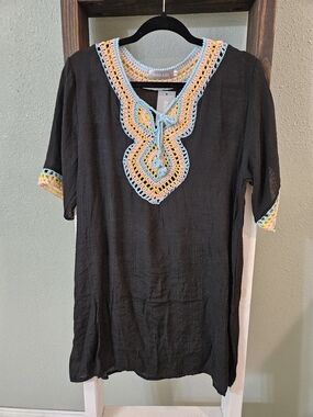 Oversized Black Crochet Trim Swim Cover Up Tunic Dress Size Small